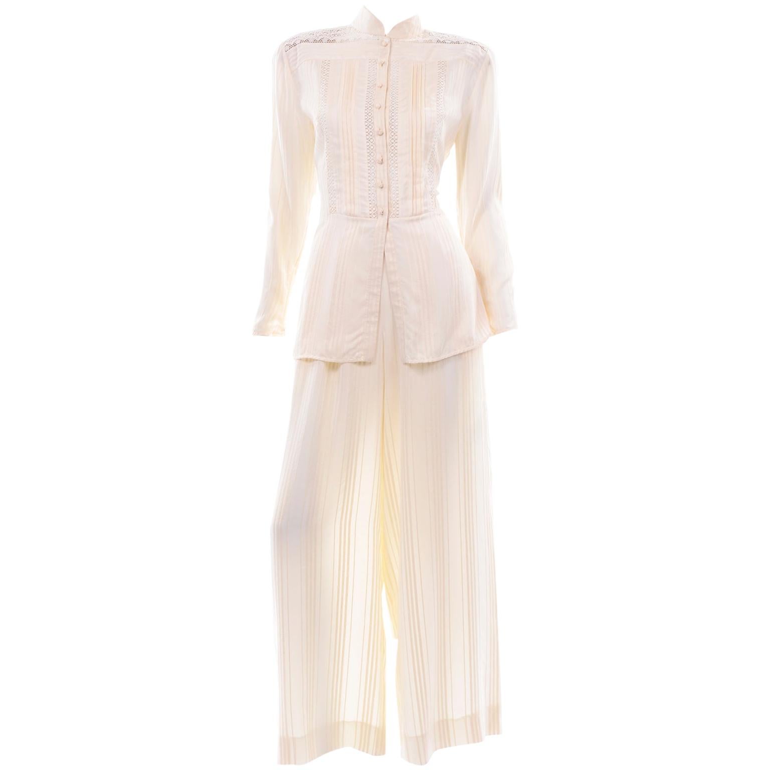 Valentino Cream Tonal Stripe Silk & Lace Pantsuit Wide Leg Pants & Blouse Outfit