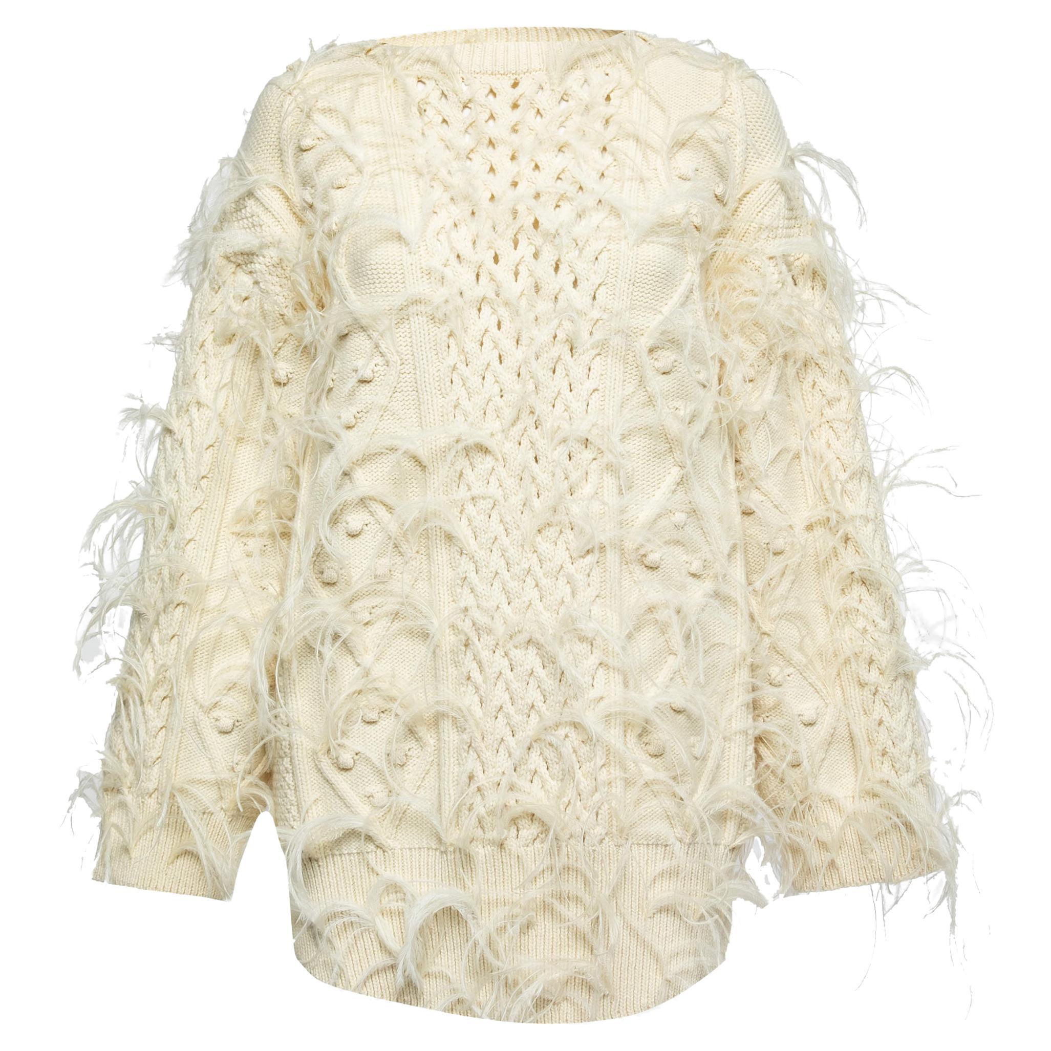 Valentino Cream Wool Knit Feather Embellished Long Sleeve Jumper M