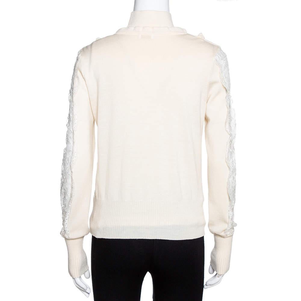 Valentino Cream Wool Knit Lace Trim Sweater & Cardigan Set M In Good Condition For Sale In Dubai, Al Qouz 2