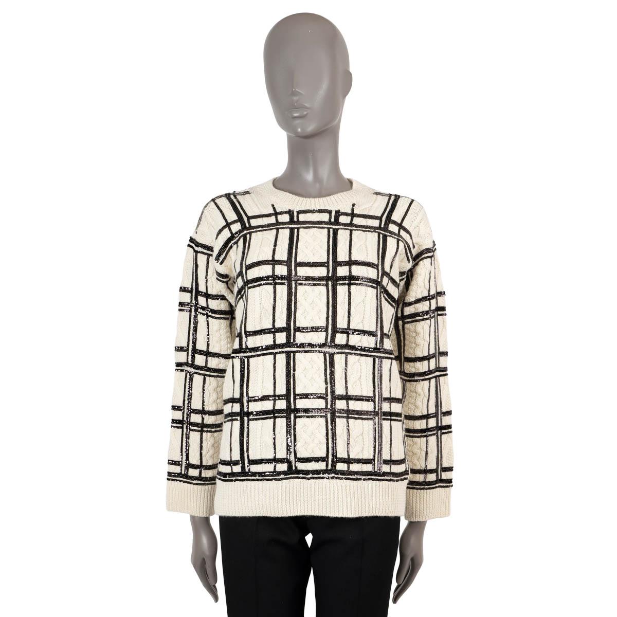 VALENTINO cream wool SEQUIN PLAID CABLE KNIT Crewneck Sweater XS In Excellent Condition For Sale In Zürich, CH