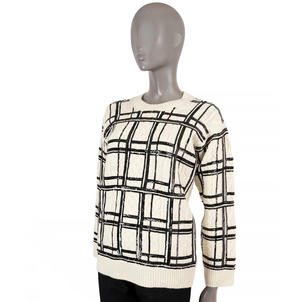 Women's VALENTINO cream wool SEQUIN PLAID CABLE KNIT Crewneck Sweater XS For Sale