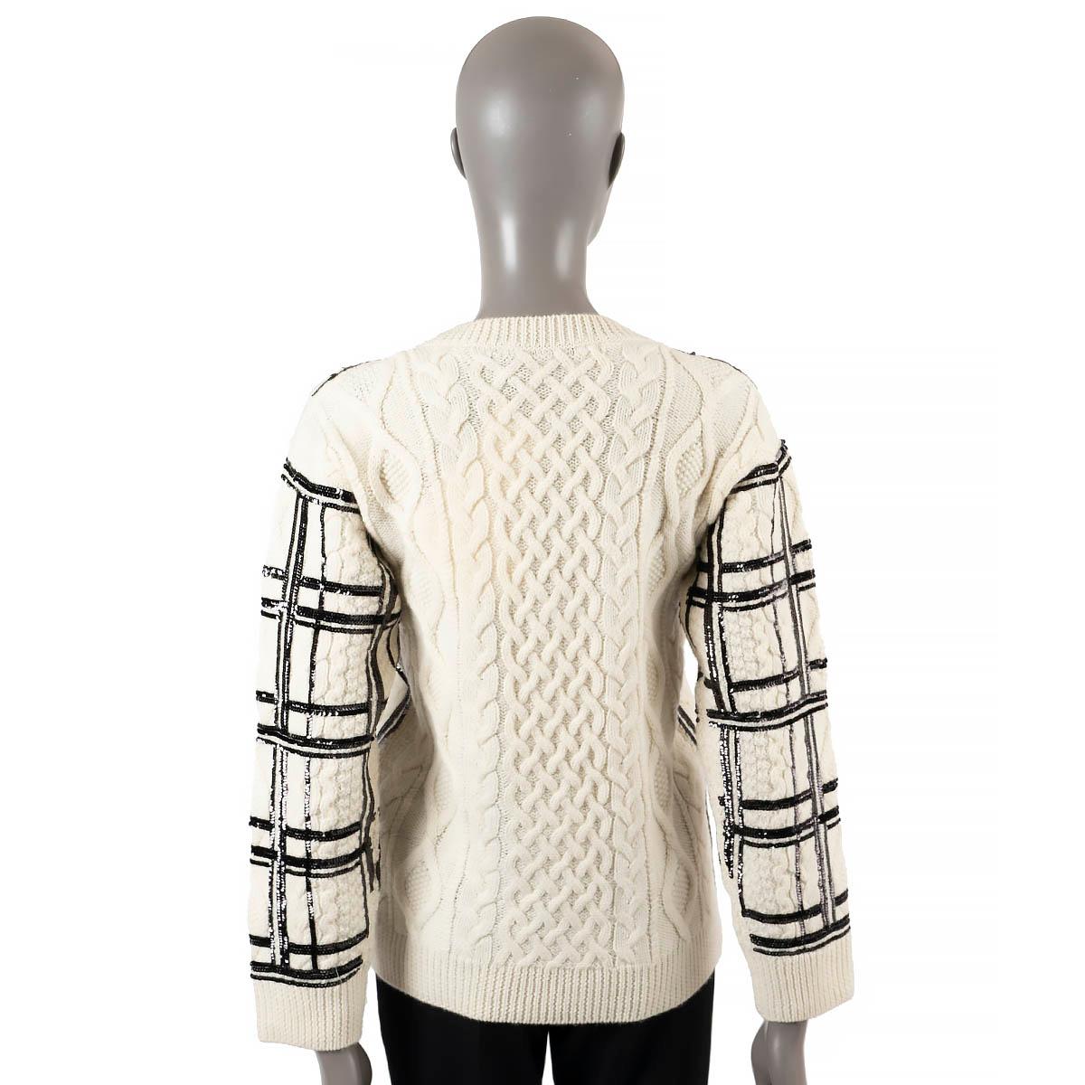 VALENTINO cream wool SEQUIN PLAID CABLE KNIT Crewneck Sweater XS For Sale 1