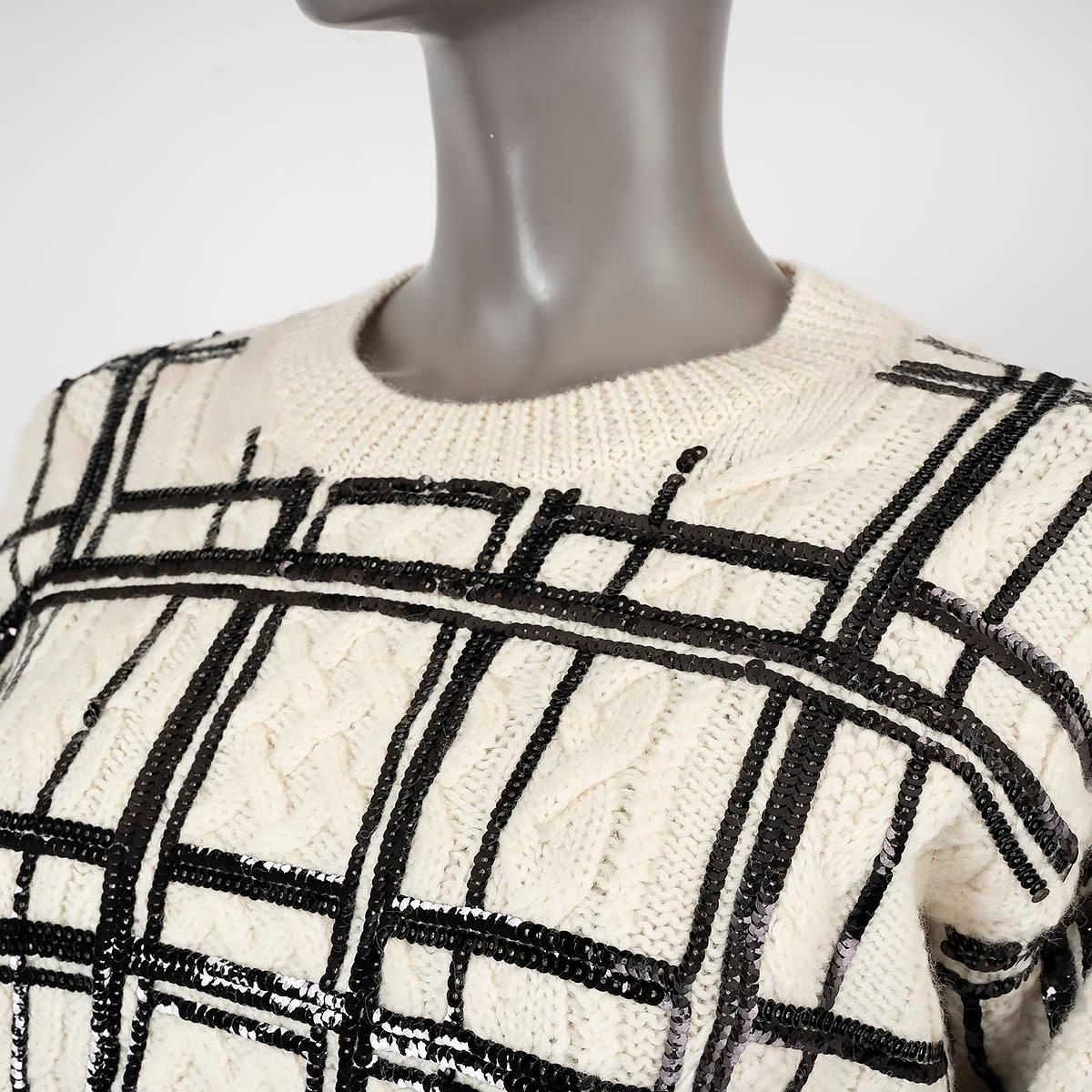 VALENTINO cream wool SEQUIN PLAID CABLE KNIT Crewneck Sweater XS For Sale 2