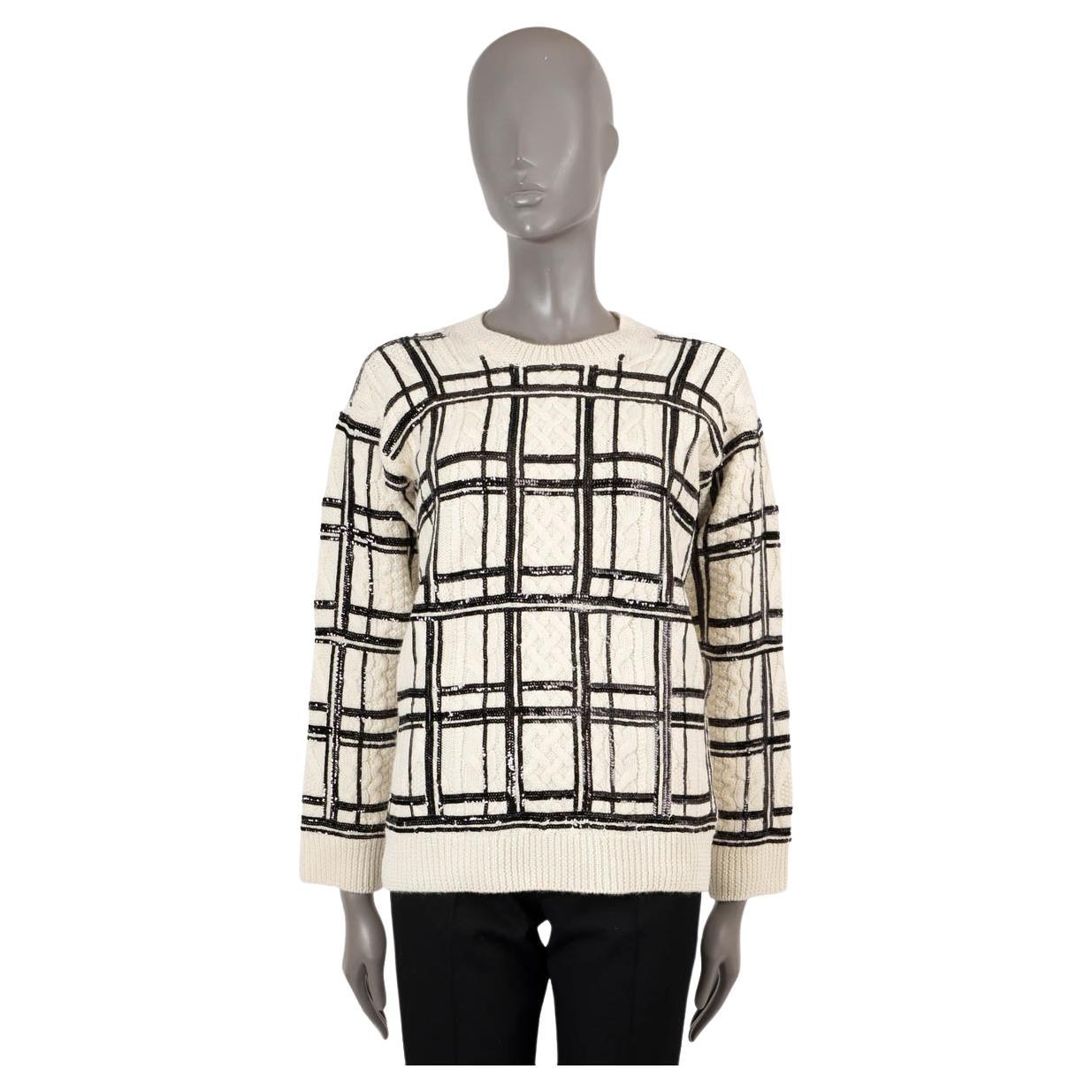 VALENTINO cream wool SEQUIN PLAID CABLE KNIT Crewneck Sweater XS