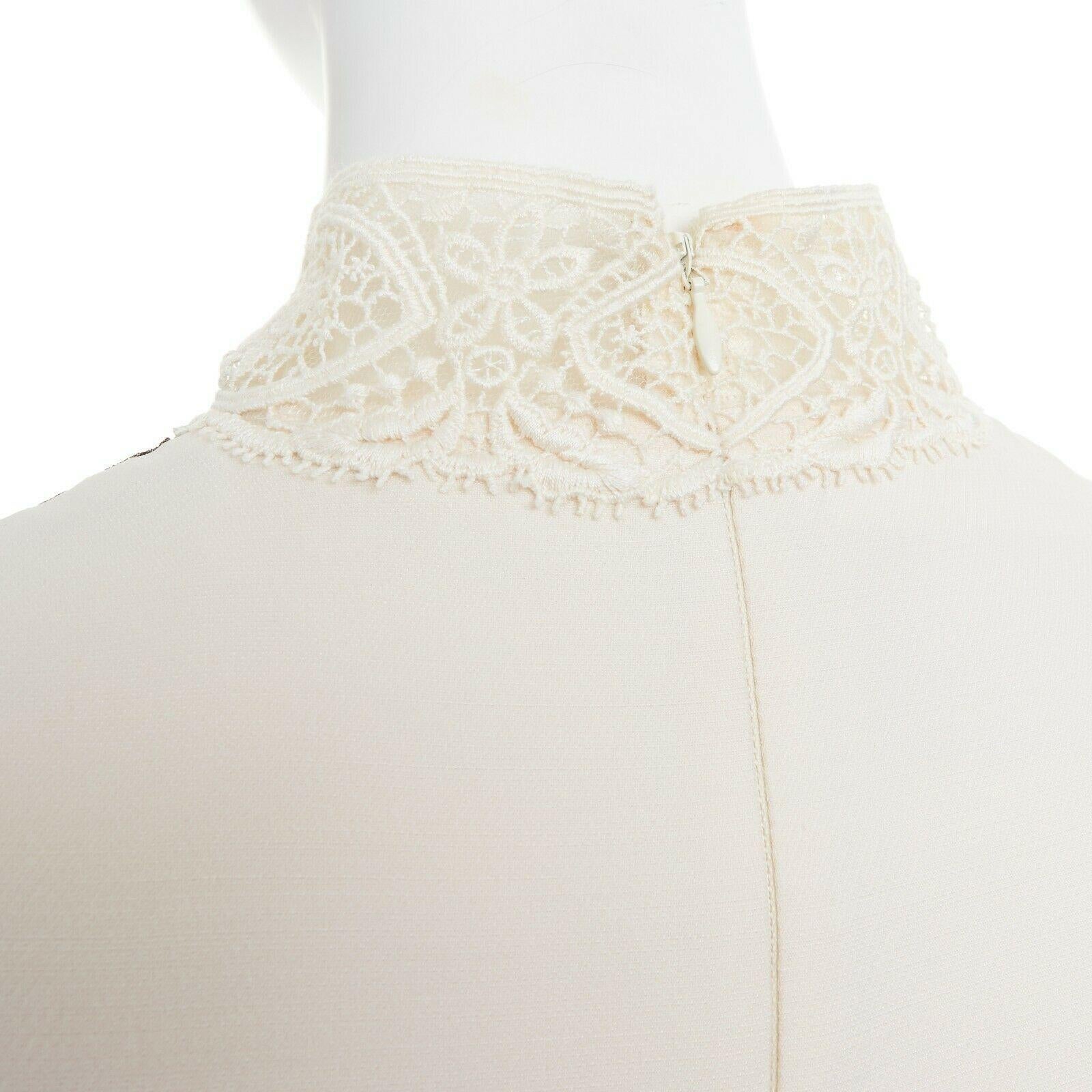 VALENTINO cream wool silk crepe embroidered lace high collar cocktail dress IT42 6