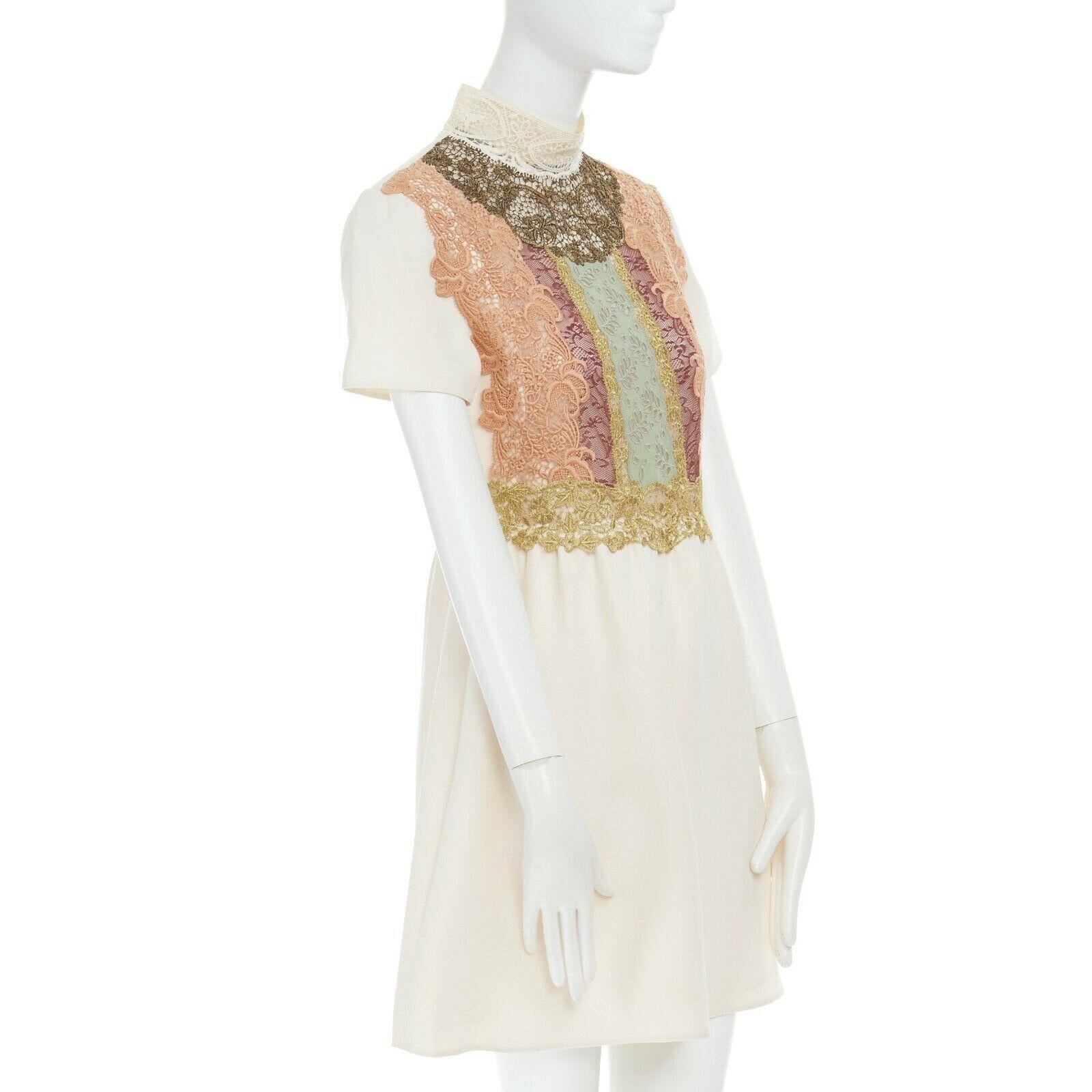 Beige VALENTINO cream wool silk crepe embroidered lace high collar cocktail dress IT42