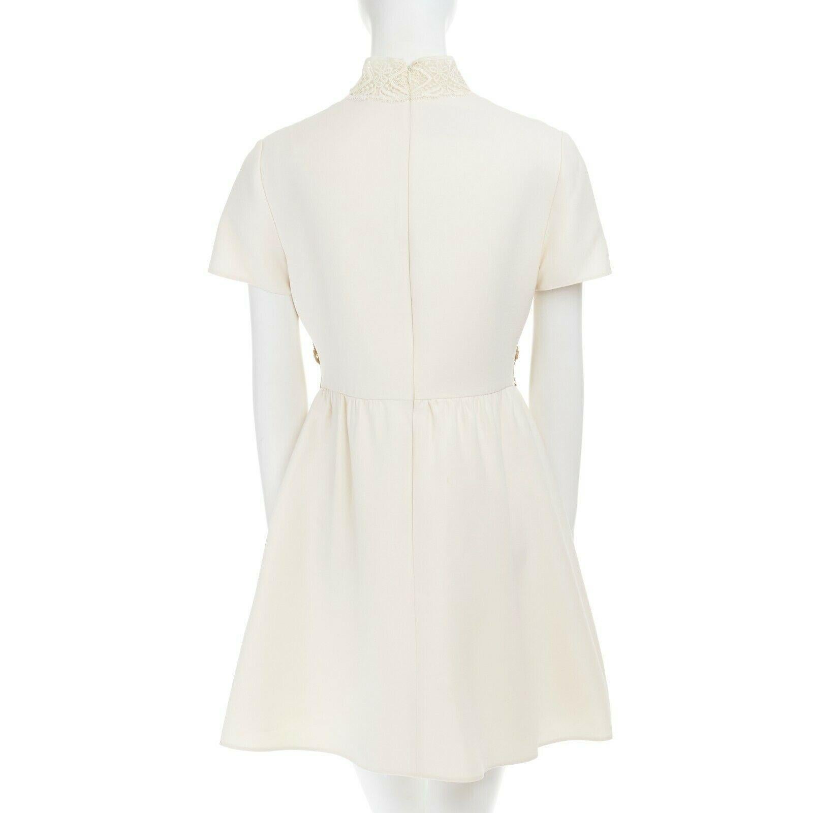 VALENTINO cream wool silk crepe embroidered lace high collar cocktail dress IT42 1