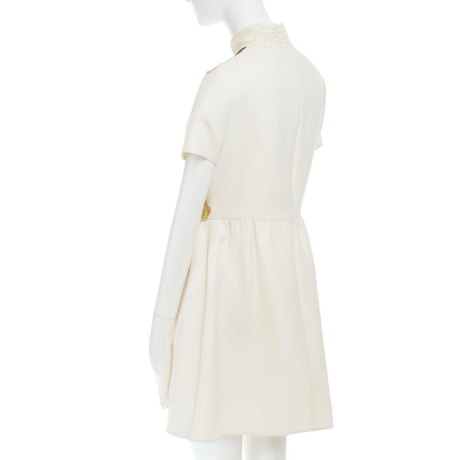 VALENTINO cream wool silk crepe embroidered lace high collar cocktail dress IT42 2