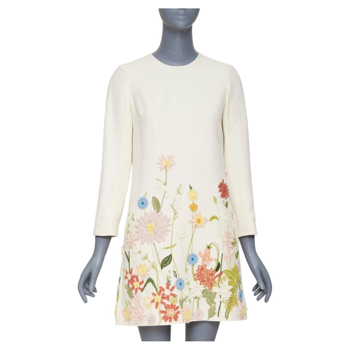 VALENTINO Crepe Couture elfenbeinfarbener Wolle Seide floral besticktes A-Linien Kleid IT38 XS