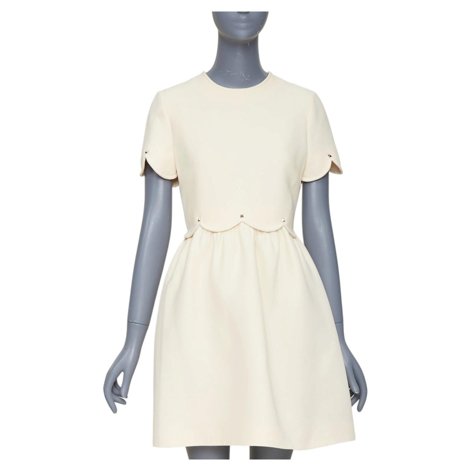 VALENTINO Crepe Couture silver Rockstud scalloped waist Bambolina dress IT42 M