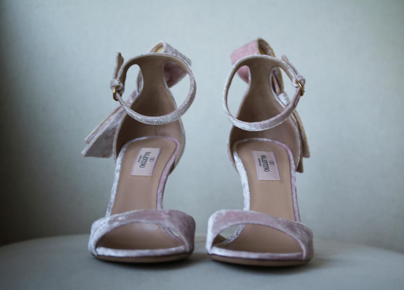 Beige Valentino Crushed-Velvet Bow Sandals 