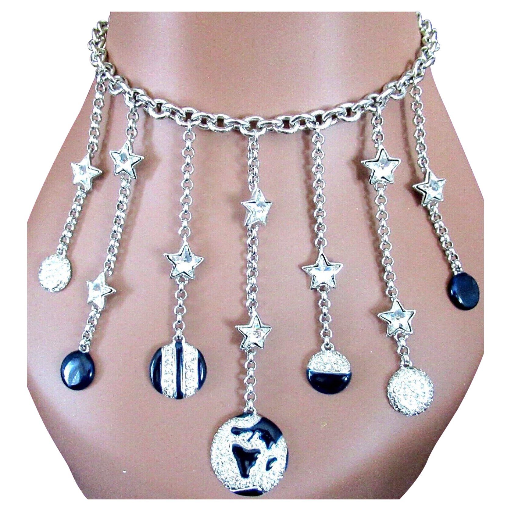 Valentino Crystal and Enamel Celestial Moon and Stars Necklace Original Pouch For Sale