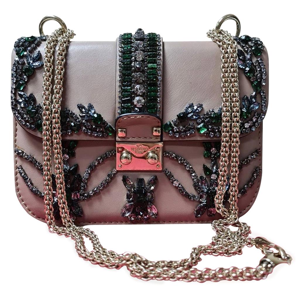 Valentino Crystal Embellished Glam Lock Pink Leather Cross Body Bag For