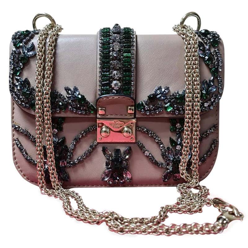 Valentino Crystal Embellished Glam Lock Pink Leather Cross Body Bag For ...