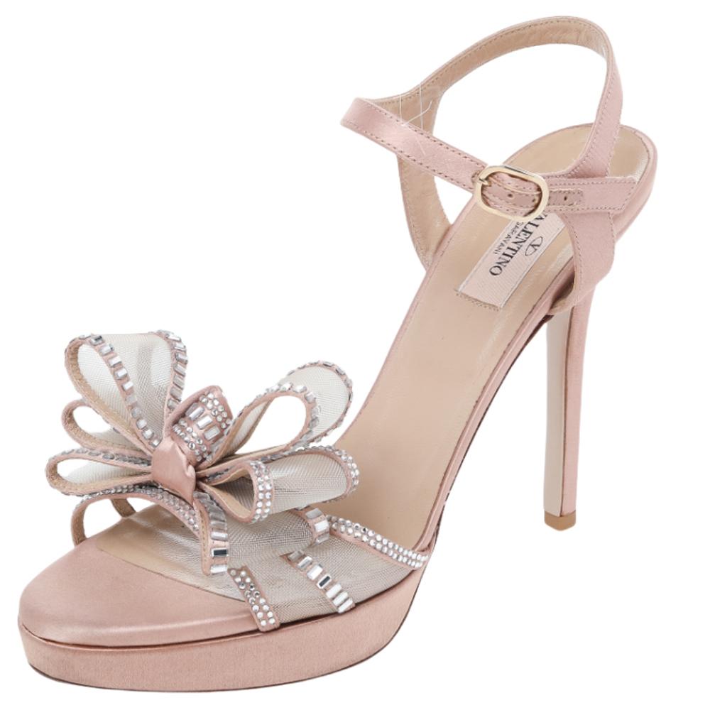 Valentino Crystal Embellished Mesh Bow Platform Ankle Strap Sandals Size 39.5 2