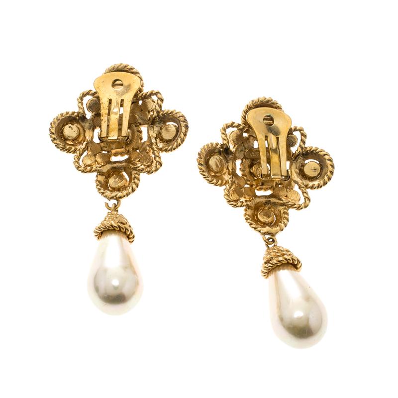 Contemporary Valentino Crystal Faux Pearl & Textured Gold Tone Clip-on Drop Earrings
