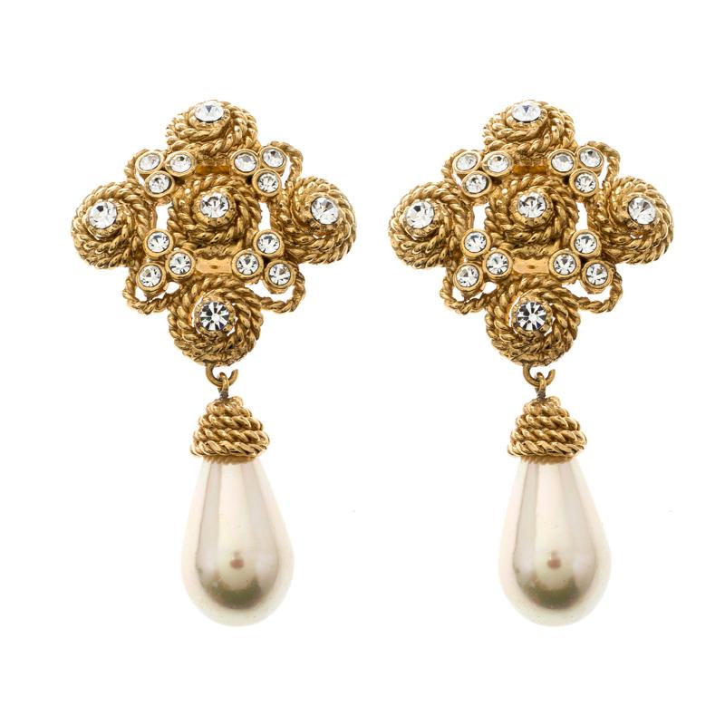 Valentino Crystal Faux Pearl & Textured Gold Tone Clip-on Drop Earrings