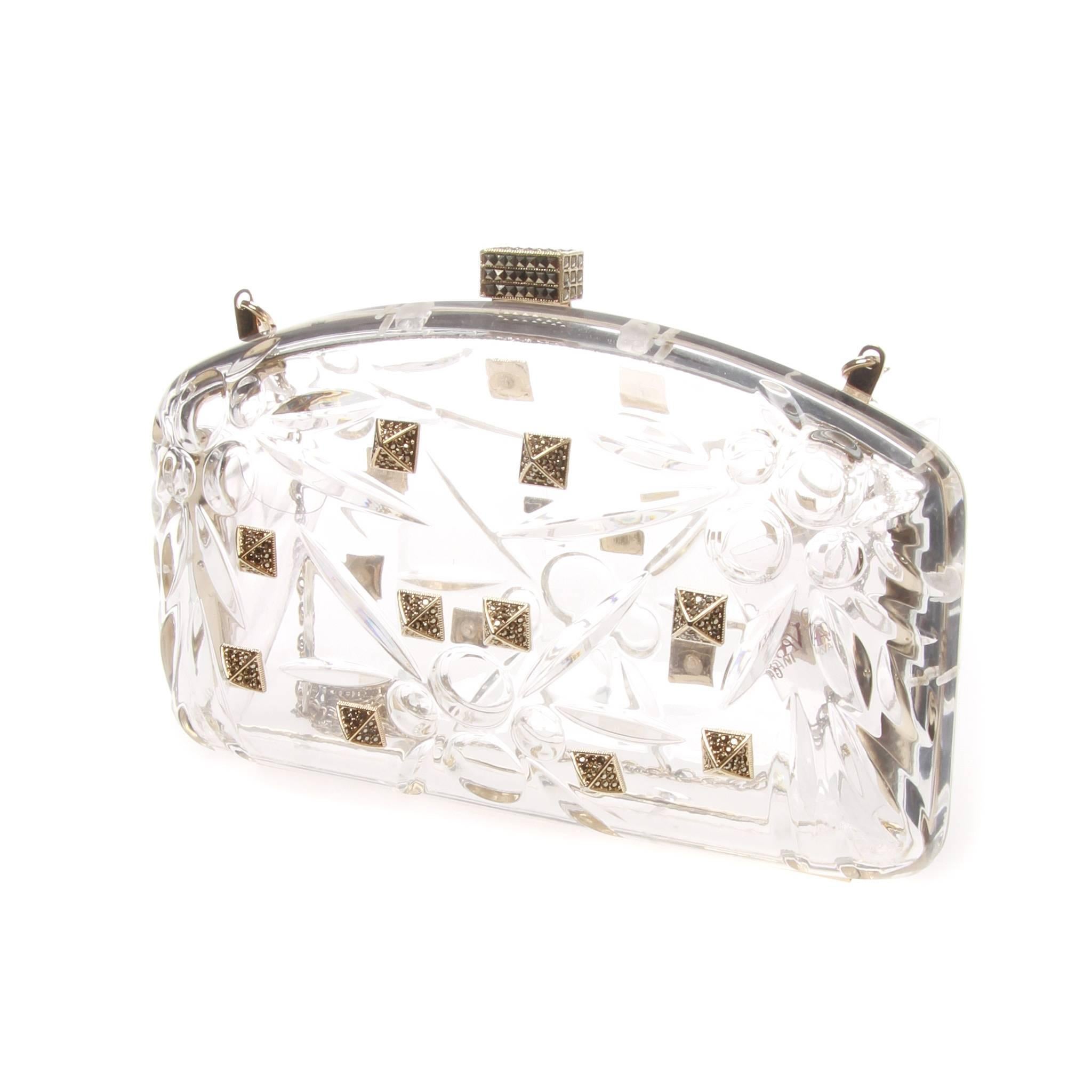 Valentino Garavani perspex box clutch embellished with crystal encrusted rock studs. Removable chain. 

