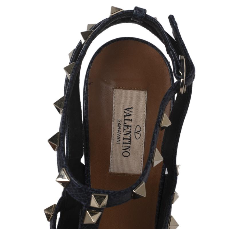 Black Valentino Dark Blue Leather Rockstud Ankle Strap Sandals Size 39.5