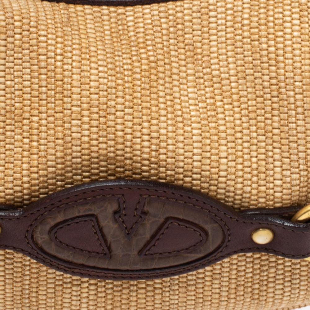 Valentino Dark Brown/Beige Raffia and Leather V Logo Embossed Hobo 2