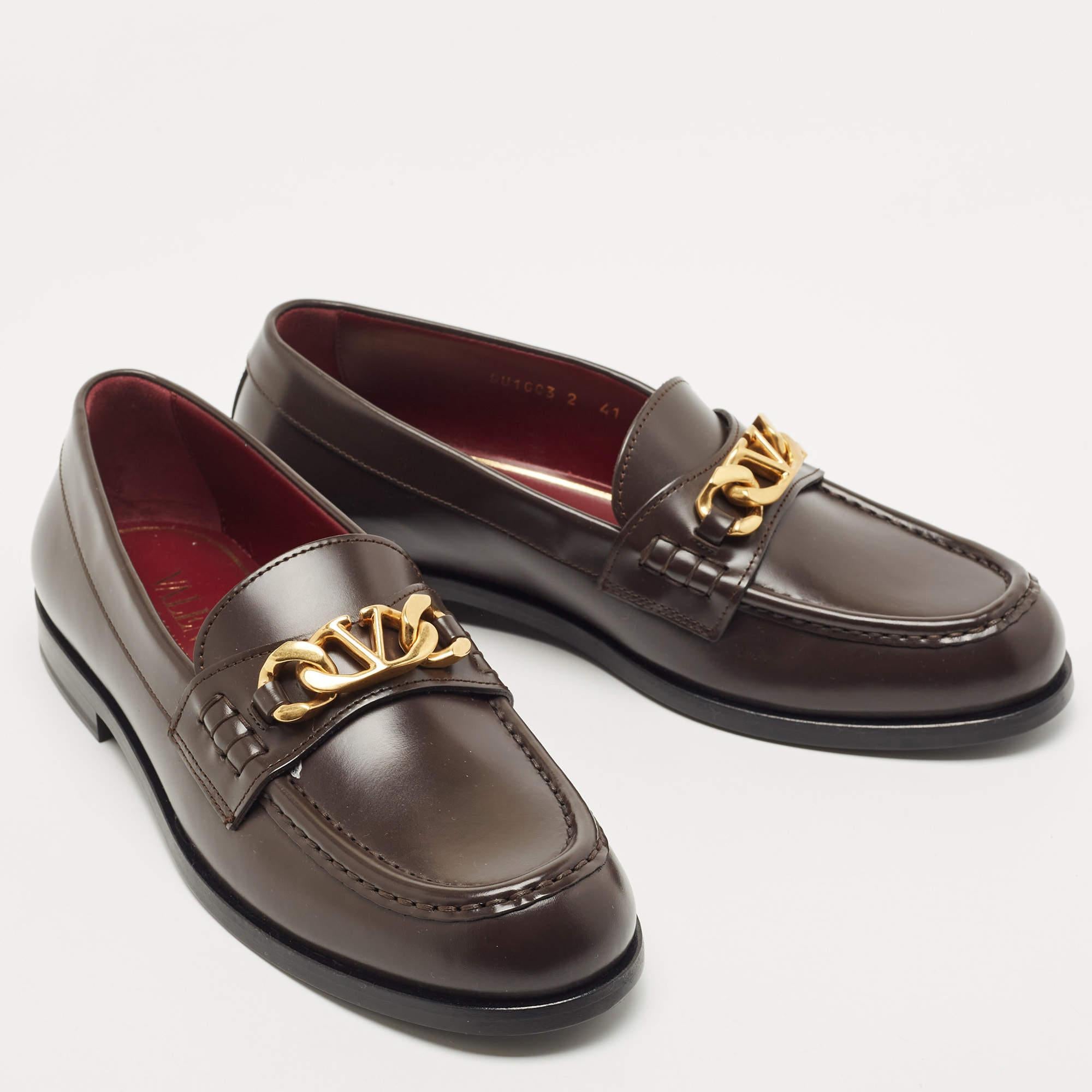 Black Valentino Dark Brown Leather VLogo Chain Loafers Size 41