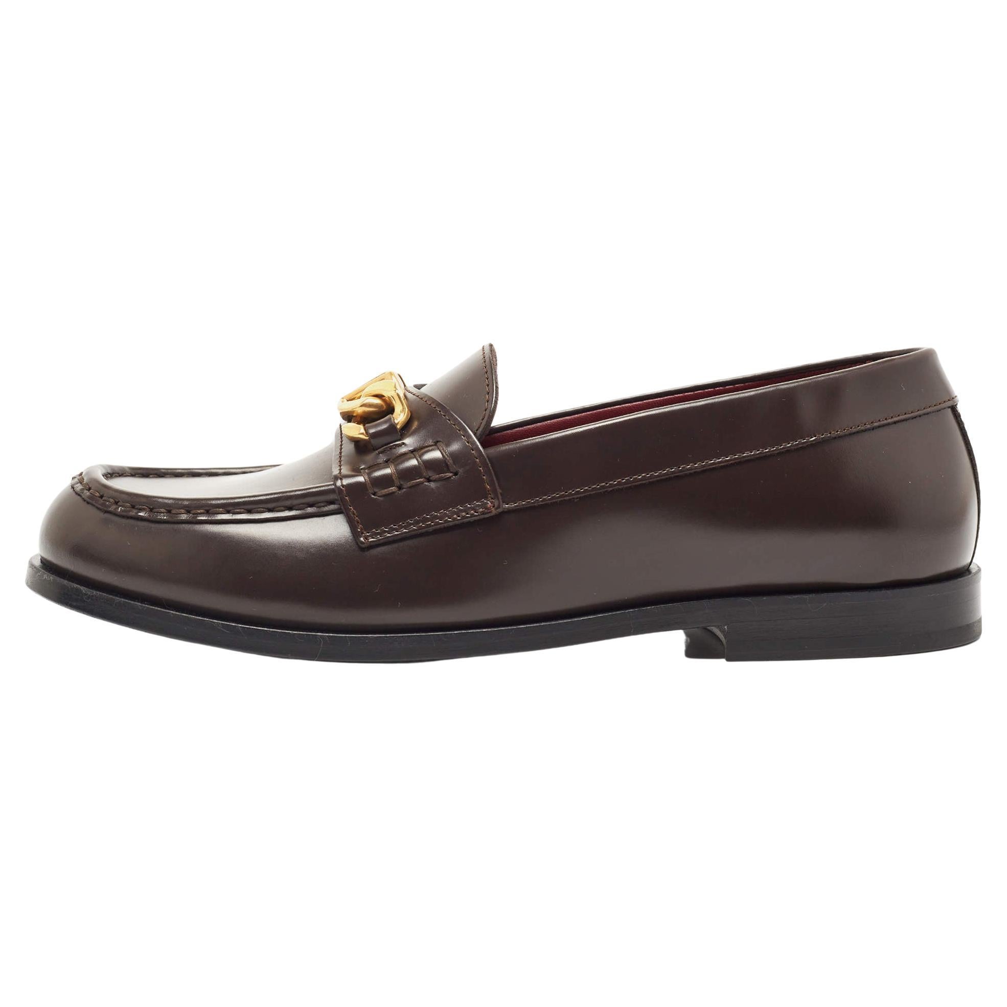Valentino Dark Brown Leather VLogo Chain Loafers Size 41
