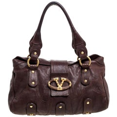 Valentino Dark Brown Leather VLogo Flap Shoulder Bag