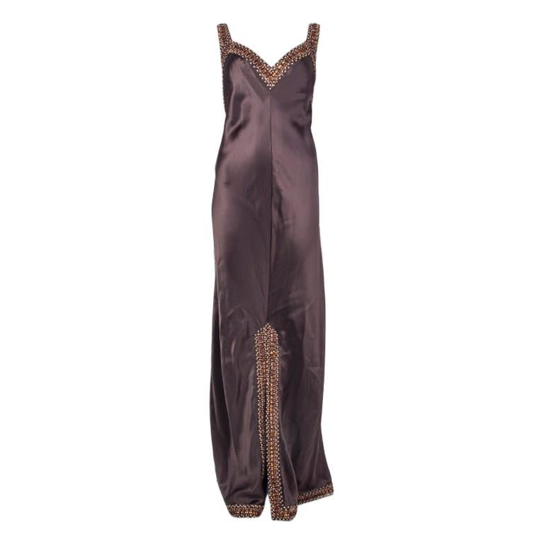 VALENTINO dark brown silk SATIN BEADED Evening Gown Mxi Dress 8 at