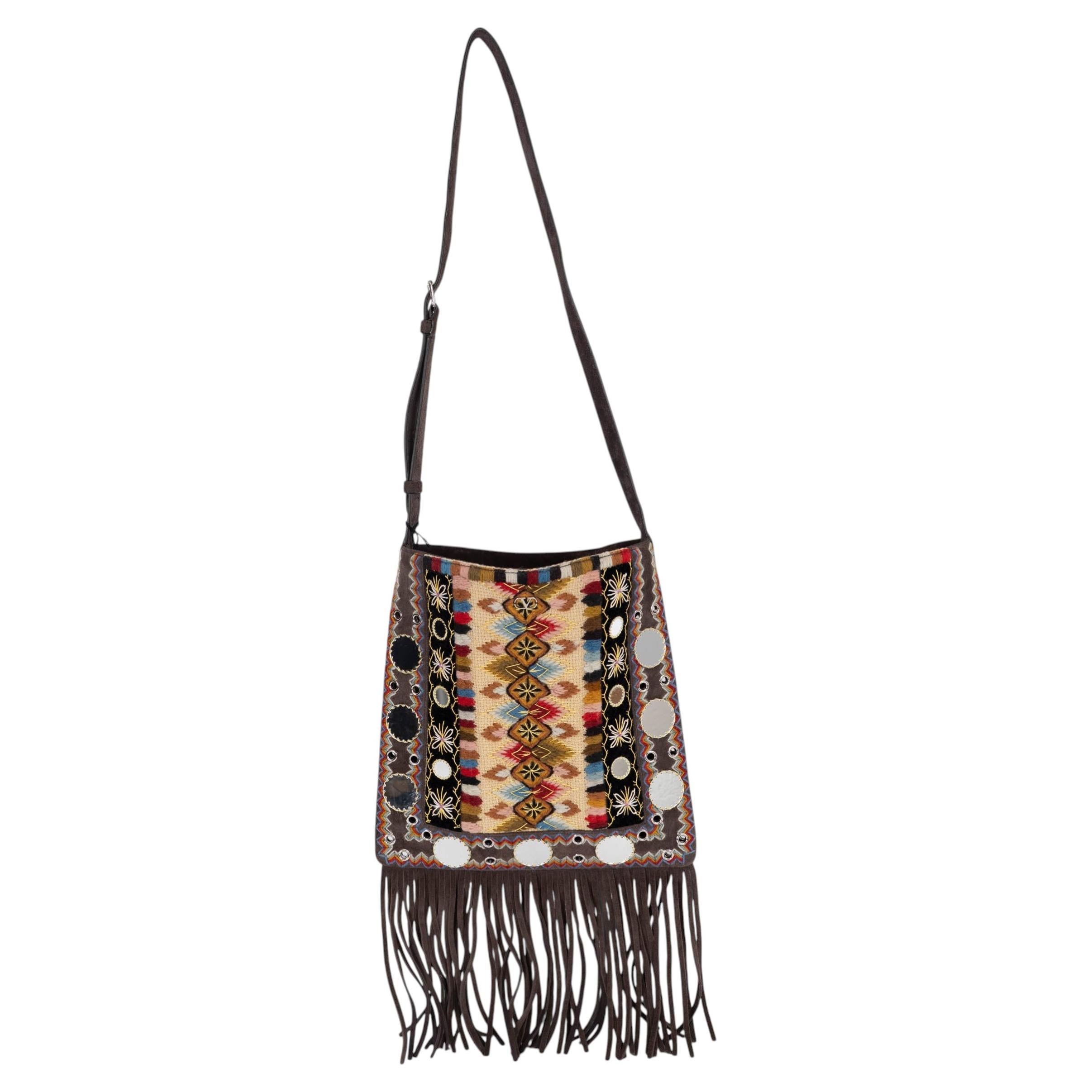 VALENTINO dark brown suede 2025 NELLCOTE EMBROIDERED FRINGE Crossbody Bag For Sale
