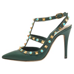 Valentino Dark Green Leather Rolling Rockstud Caged Ankle Strap Pumps Size 35