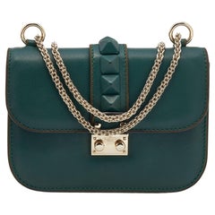 Valentino Dark Green Leather Small Rockstud Glam Lock Flap Bag