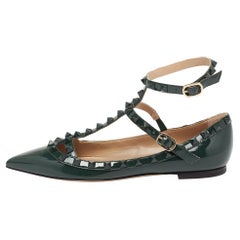 Valentino Dark Green Patent Leather Rockstud Ankle-Strap Ballet Flats Size 36