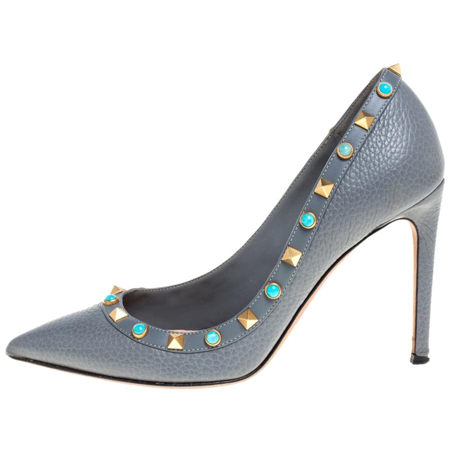 Valentino Dunkelgrau Leder Rolling Rockstud Spitzzehenpumps Größe 37