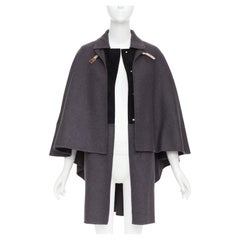 VALENTINO dark grey wool angora brown leather cape sleeve layered coat IT38 XS
