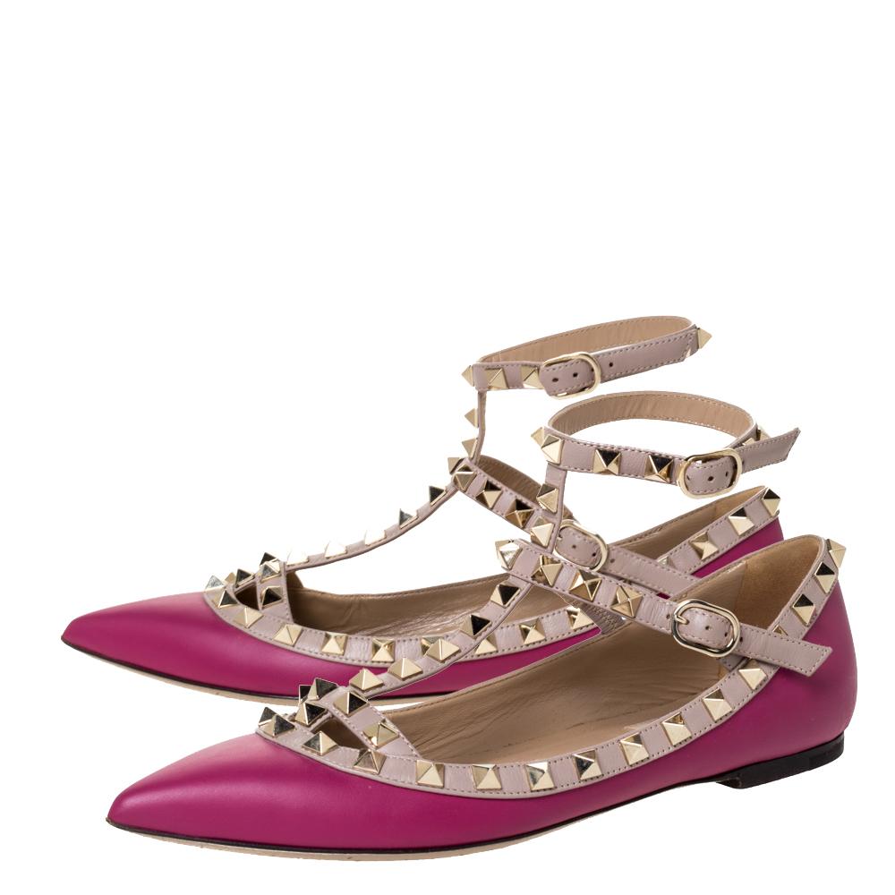 Women's Valentino Dark Magenta Leather Rockstud Cage Ballet Flats Size 36