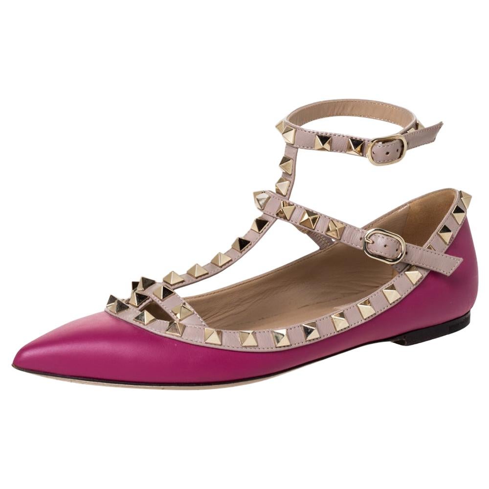 Valentino Dark Magenta Leather Rockstud Cage Ballet Flats Size 36