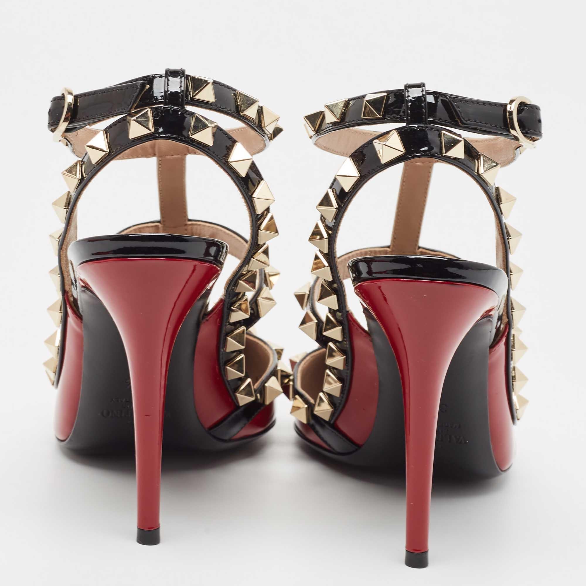Women's Valentino Dark Red/Black Patent Leather Rockstud Ankle Strap Pumps Size 36.5