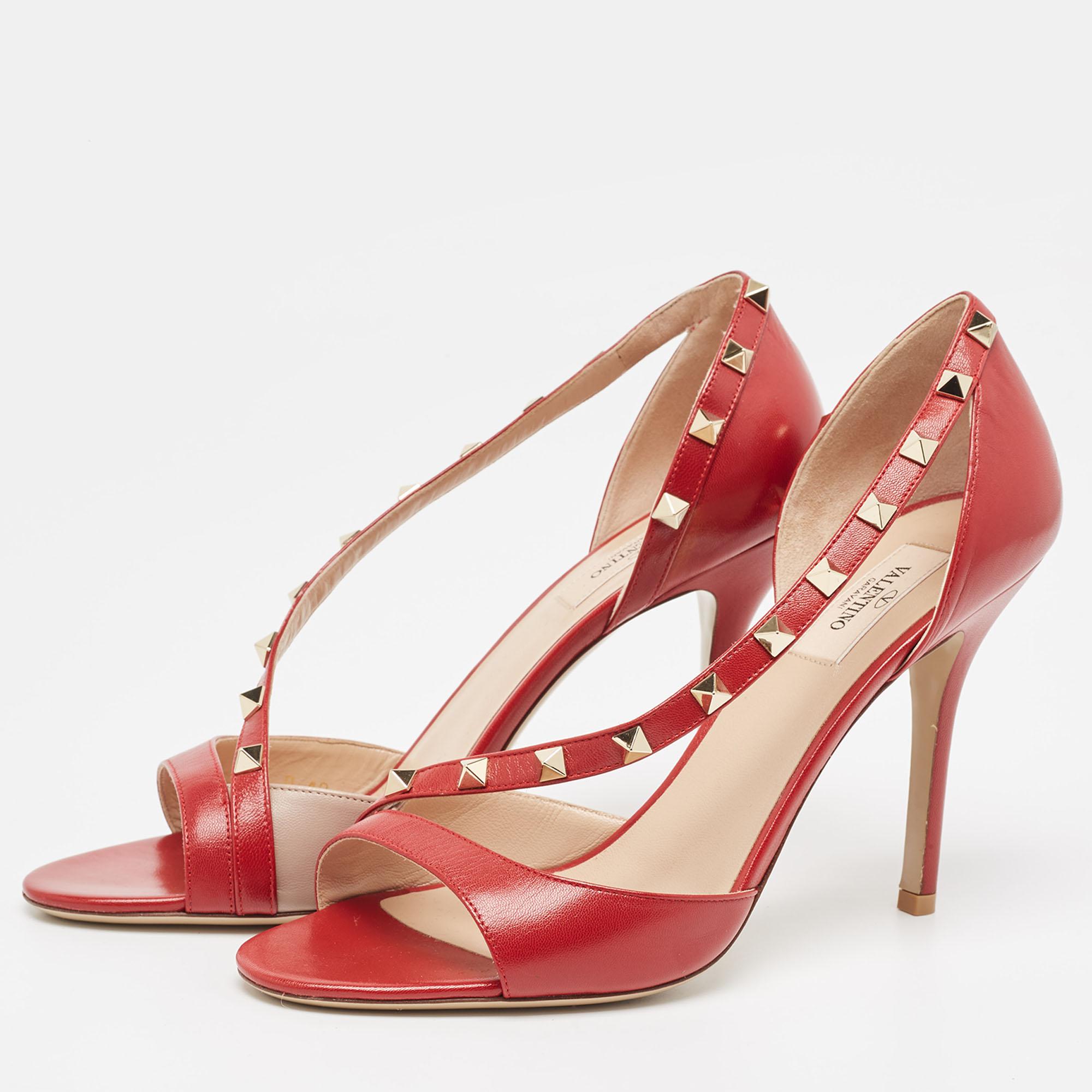 Valentino Dark Red Leather Rockstud Sandals Size 40 For Sale 2