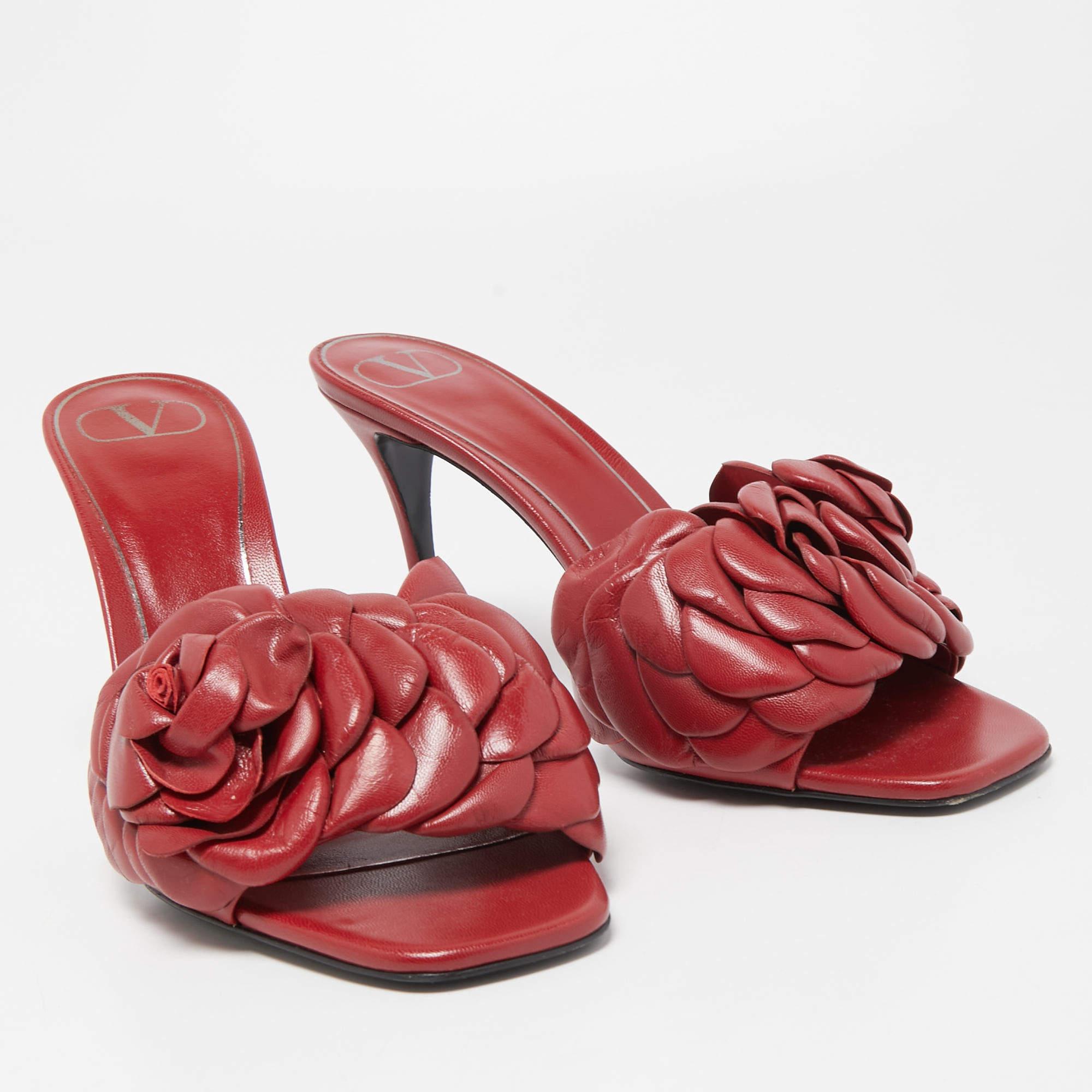 Brown Valentino Dark Red Leather Rose Atelier Slide Sandals Size 39.5