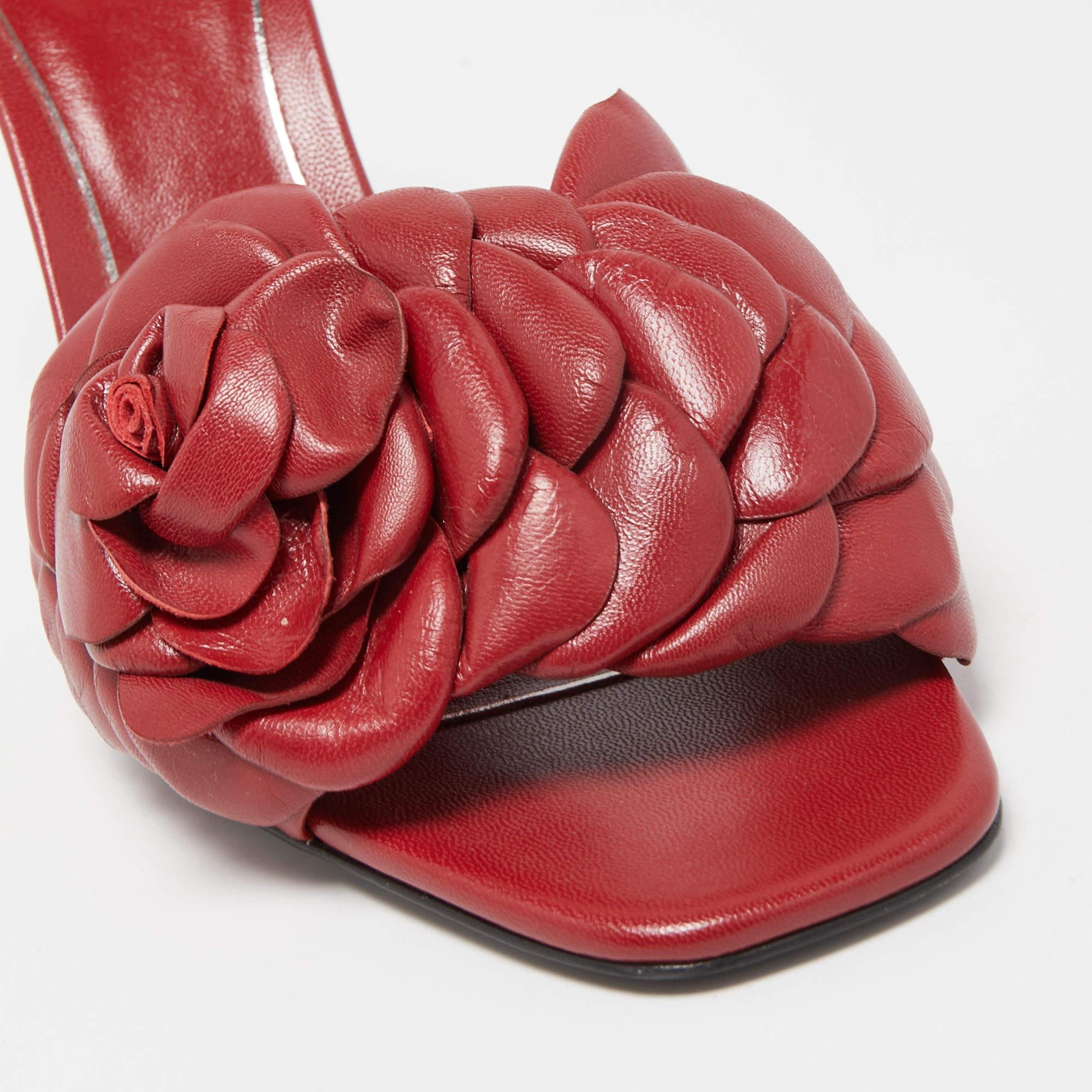 Women's Valentino Dark Red Leather Rose Atelier Slide Sandals Size 39.5