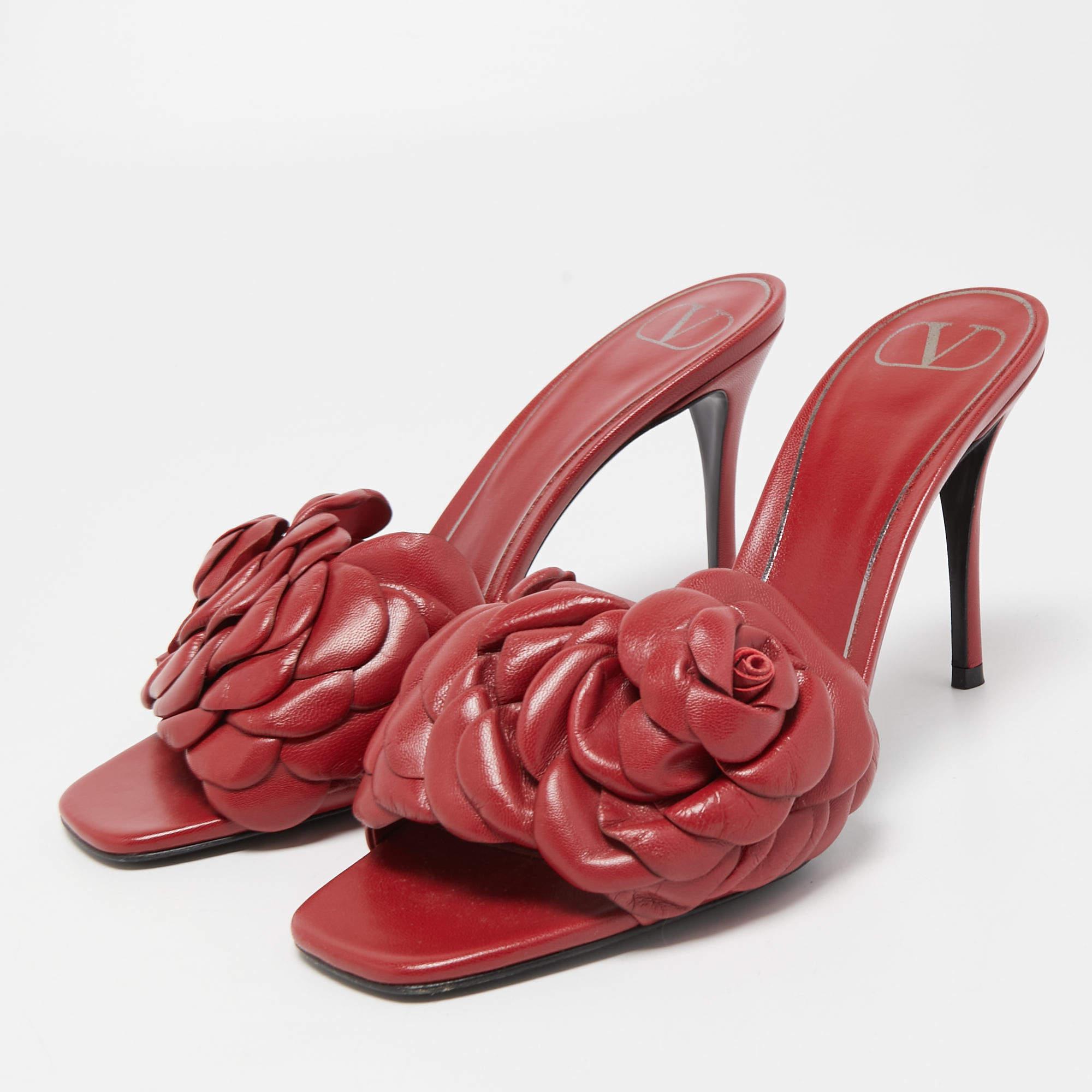 Valentino Dark Red Leather Rose Atelier Slide Sandals Size 39.5 3