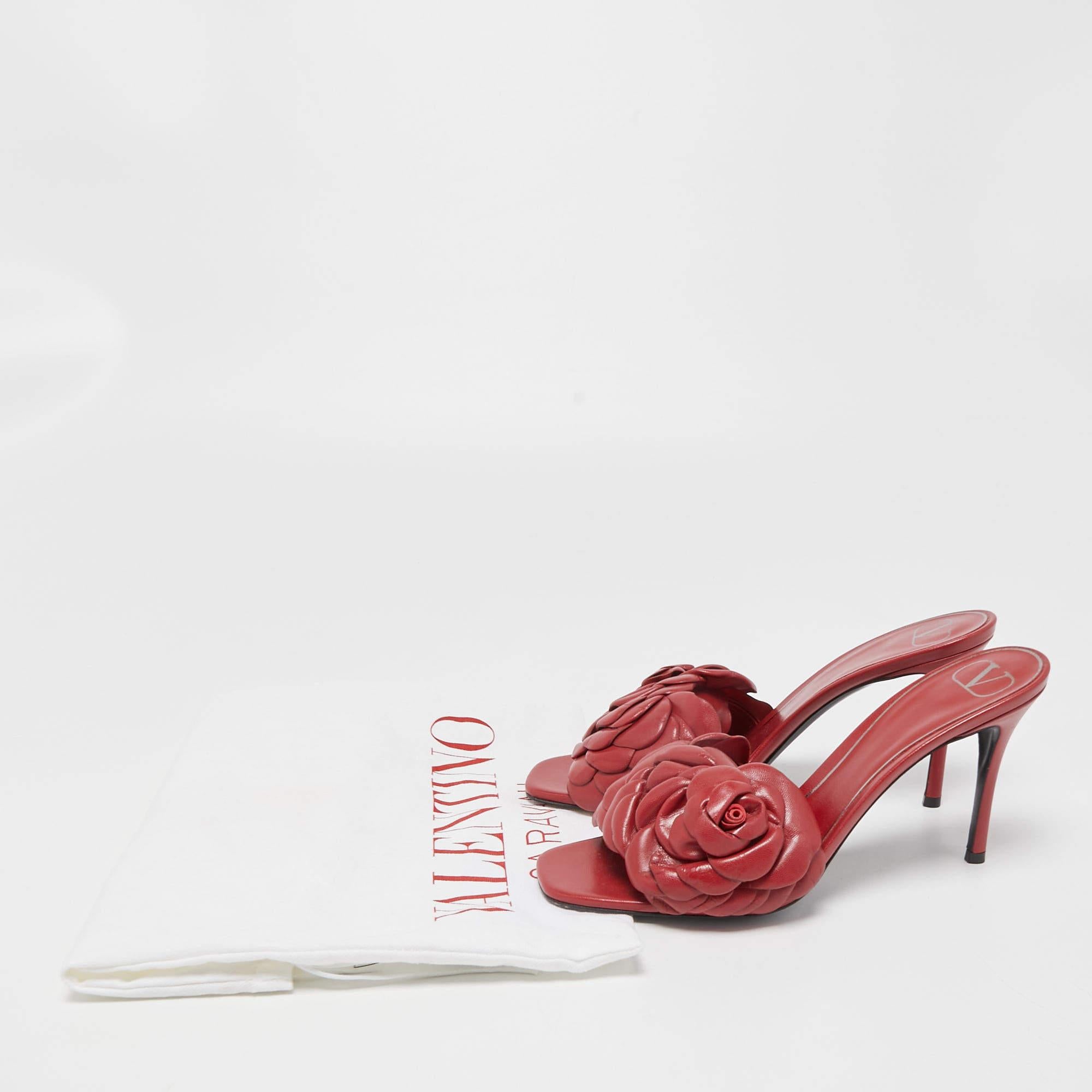Valentino Dark Red Leather Rose Atelier Slide Sandals Size 39.5 4