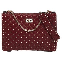 Valentino Dark Red Quilted Leather Rockstud Spike Chain Handle Tote