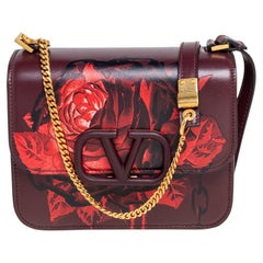 Valentino Dark Red Rose Print Leather VSling Shoulder Bag