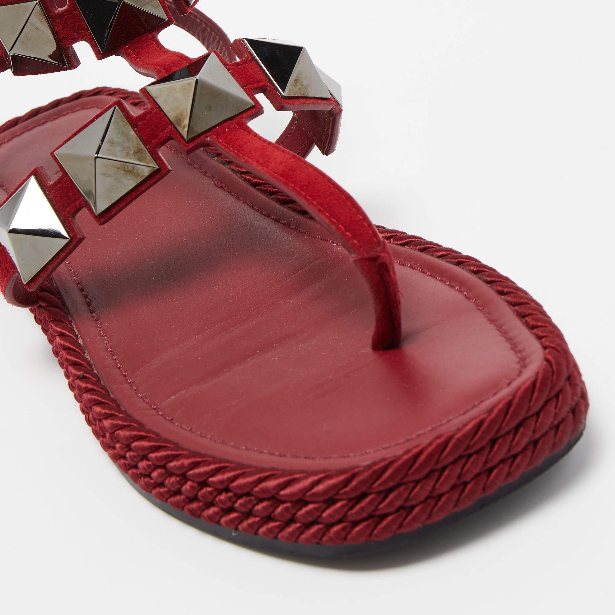 Women's Valentino Dark Red Suede Roman Stud Espadrille Thong Sandals Size 37