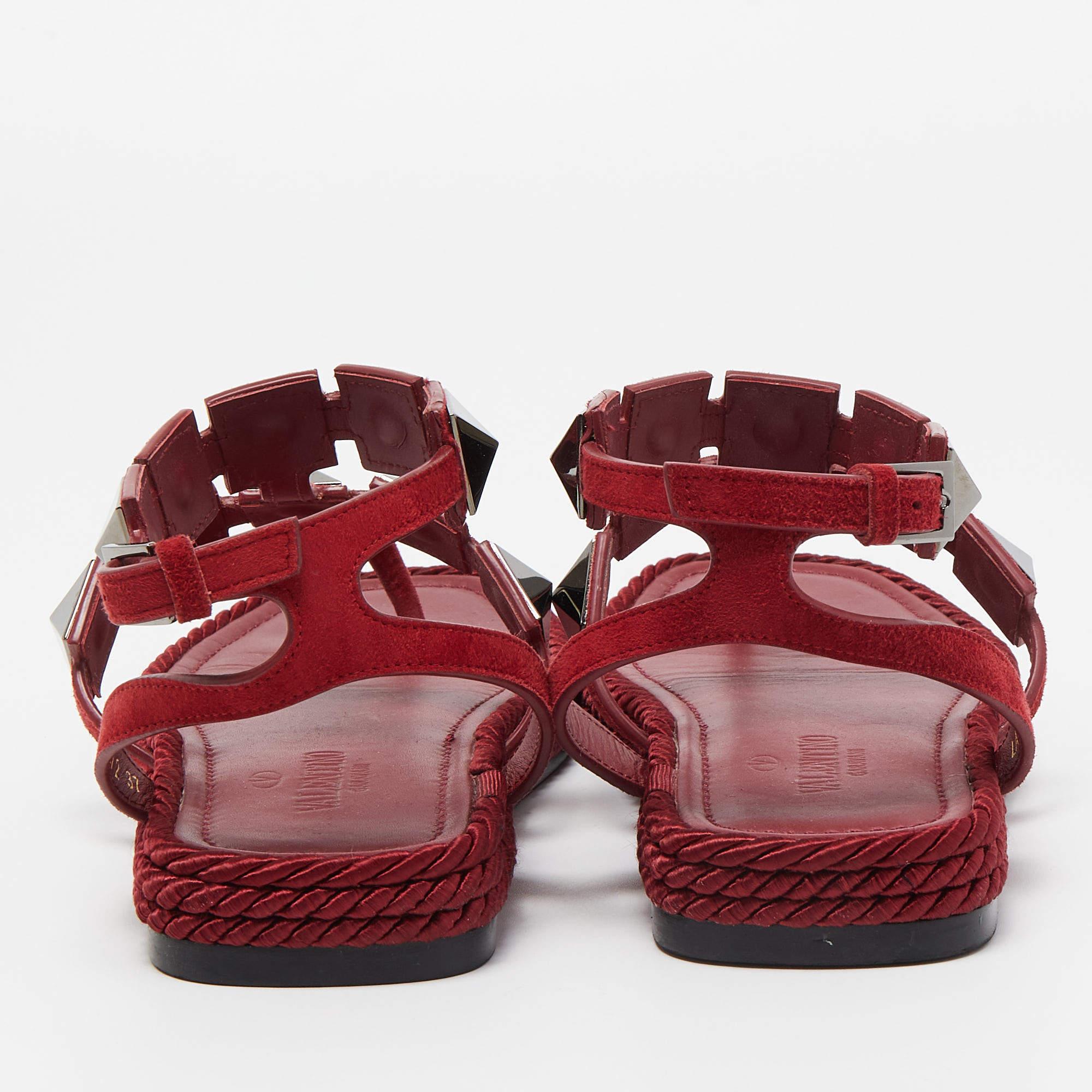 Valentino Dark Red Suede Roman Stud Espadrille Thong Sandals Size 37 3