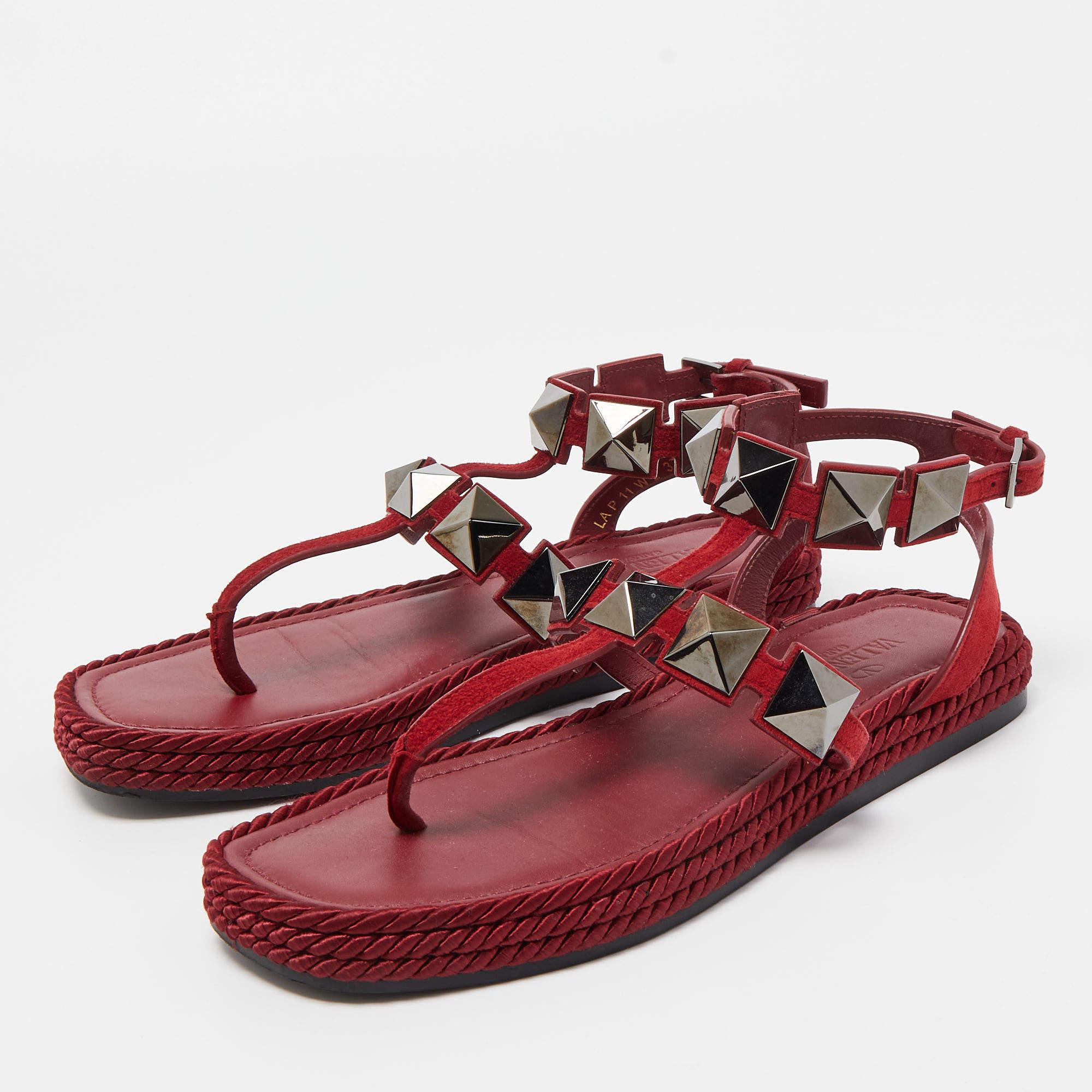 Valentino Dark Red Suede Roman Stud Espadrille Thong Sandals Size 37 4