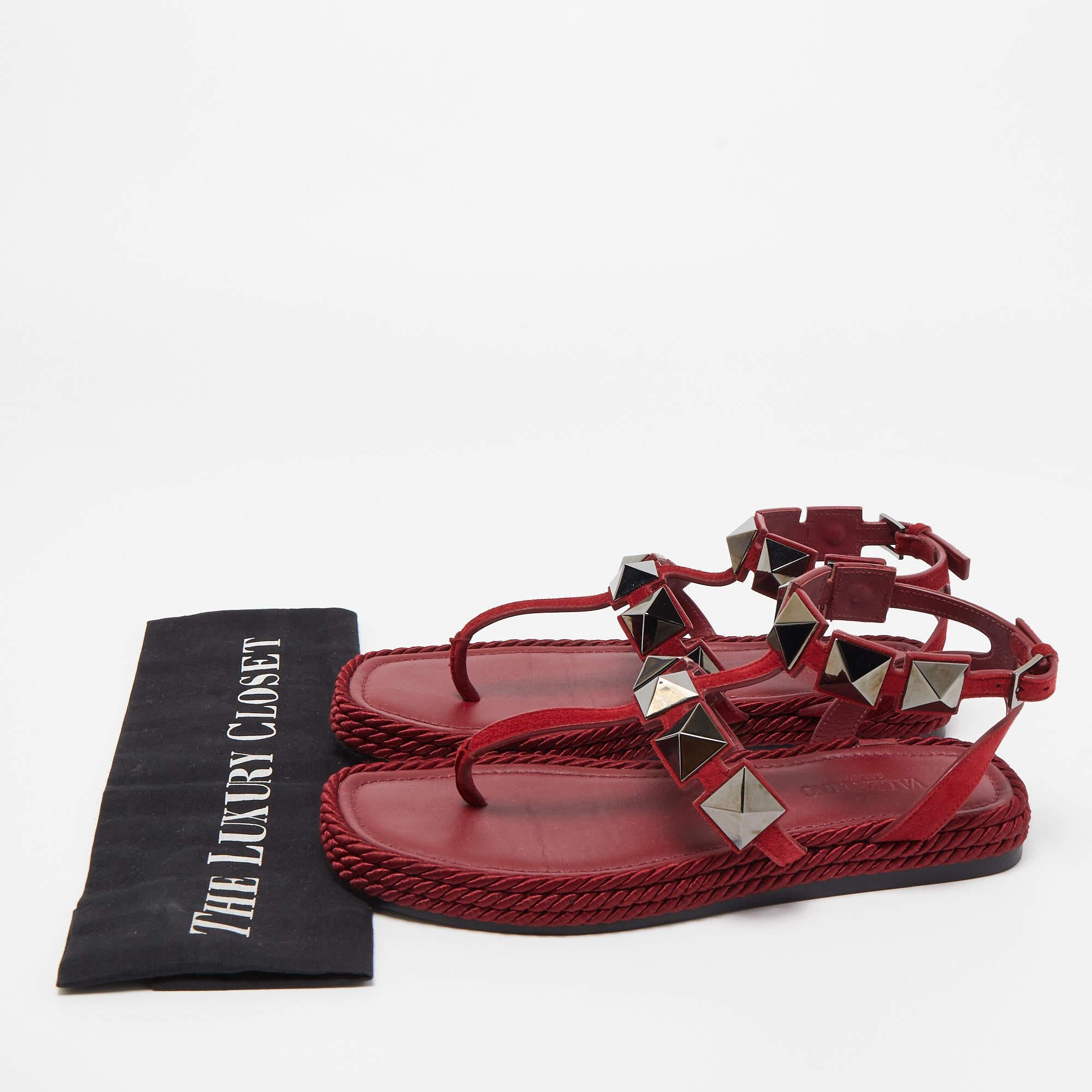 Valentino Dark Red Suede Roman Stud Espadrille Thong Sandals Size 37 5