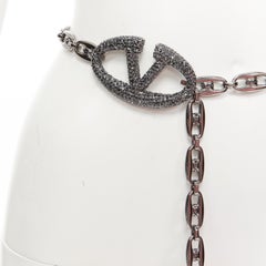 VALENTINO dark silver crystal encrusted V logo gunmetal chain link belt