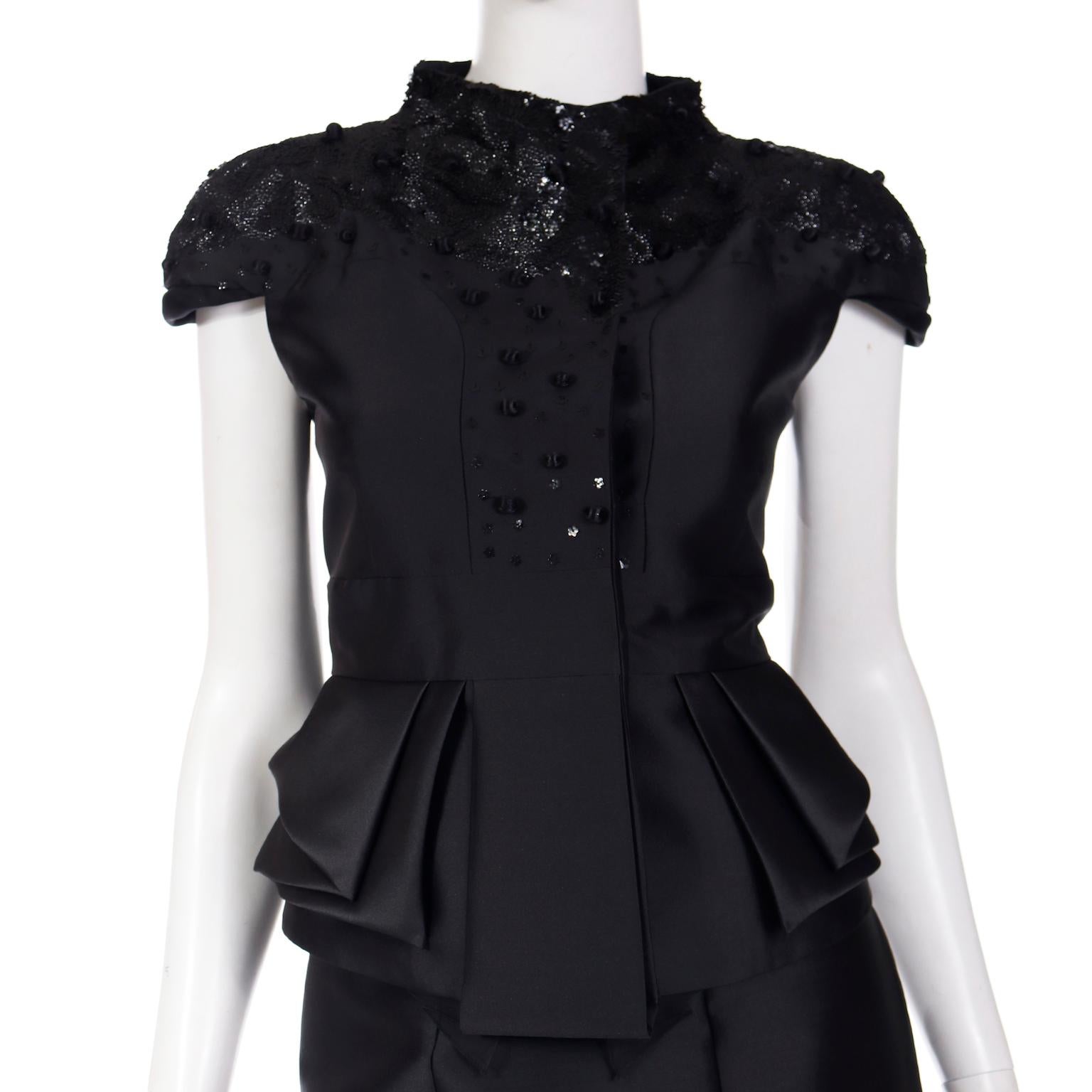 Valentino Dead stock Black Satin Evening Jacket & Skirt Suit w stacked sequins For Sale 1